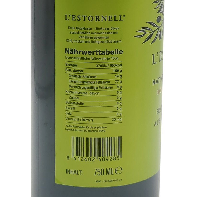 Оливковое масло L'Estornell Organic Extra Virgin из оливок Arbequina 750 мл
